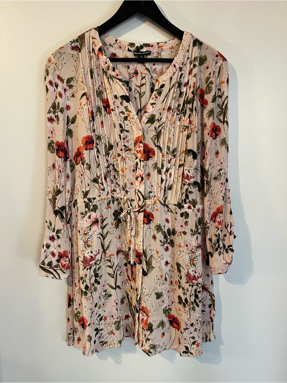 Hilary Radley Floral Button Up Tunic Blouse Drawstring Waist Size L